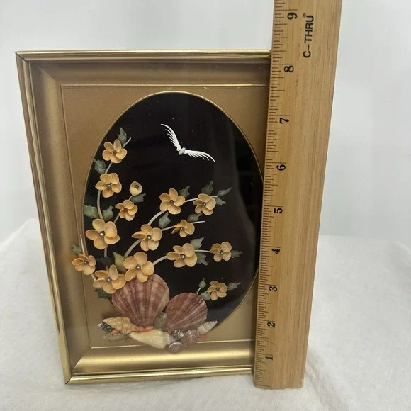 Vintage‎ Shell Art Floral Bird Black Velvet Gold Frame Cherry blossoms Beach 8" - Picture 11 of 13